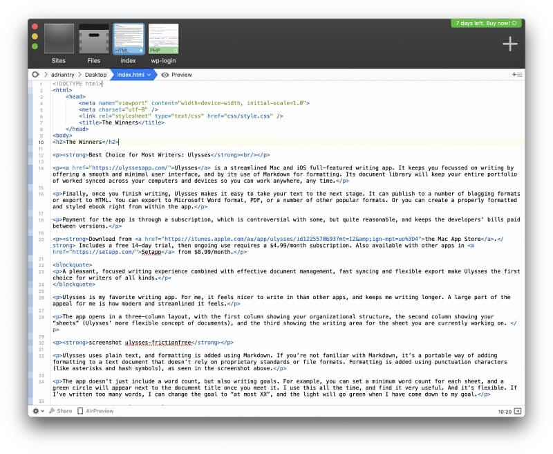 text editor on mac using the right text for html